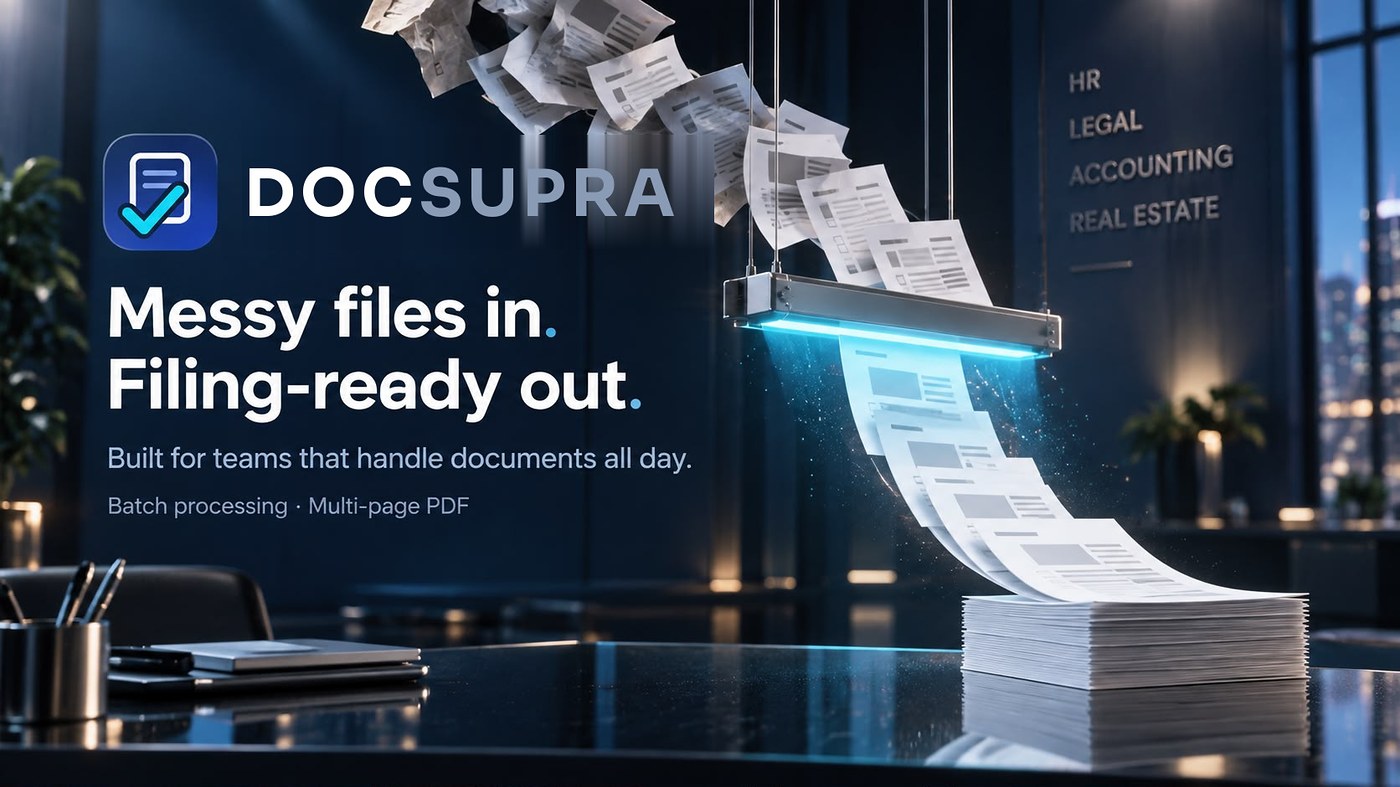 A pile of creased, uneven client documents feeds through a lit bar in a law office and comes out as one neat squared stack, ready to file.