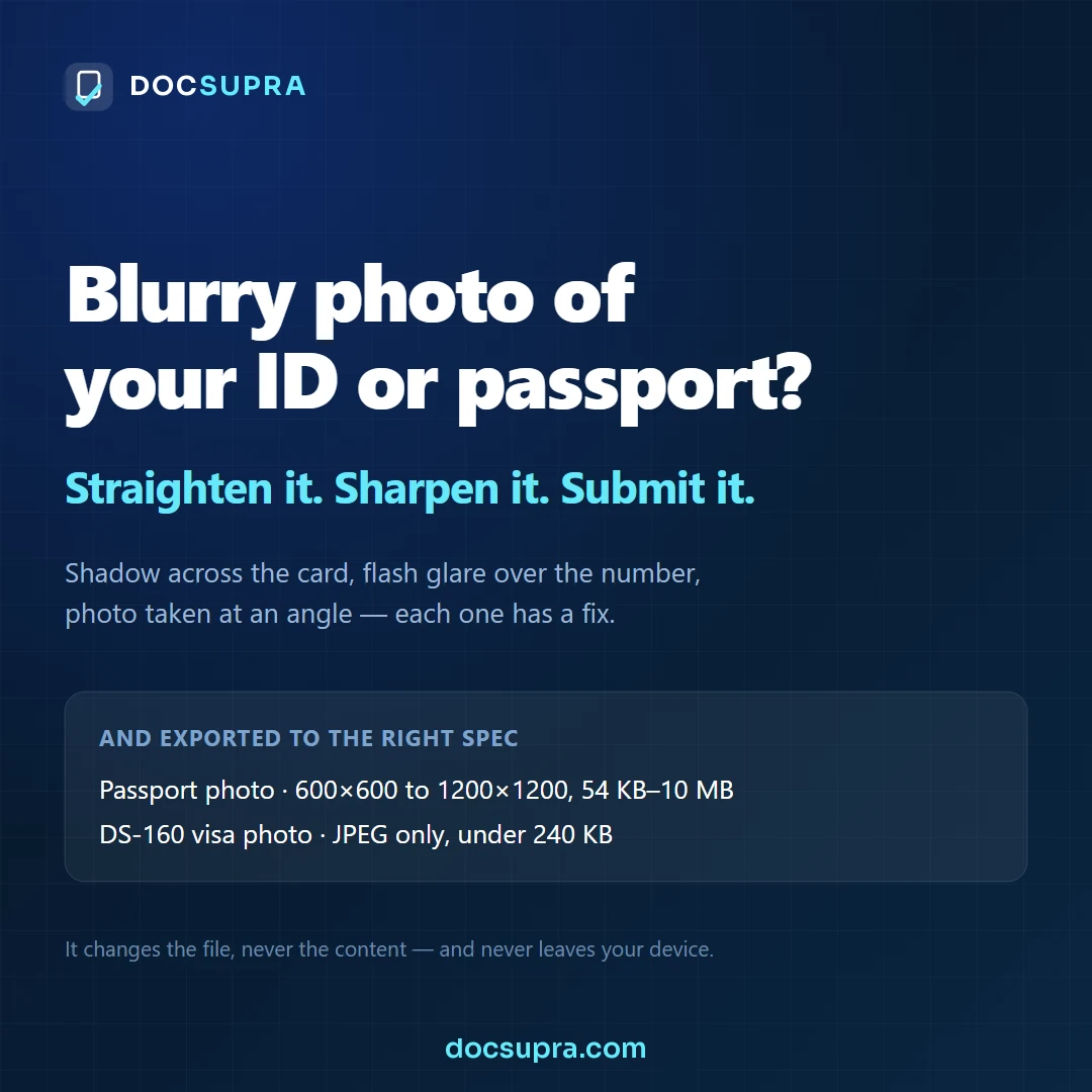 Blurry photo of an ID card next to the same card corrected and readable