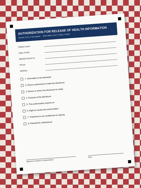 Before: Release form on a checkered tablecloth, tilted 4°, navy header.