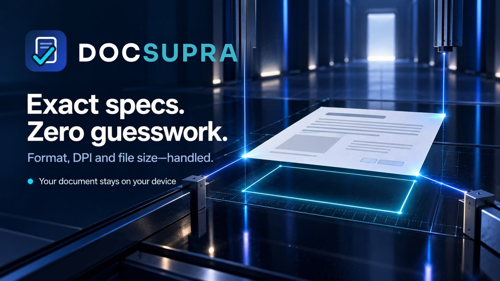 A document measured precisely in a rig, its exact dimensions and file specification read automatically.